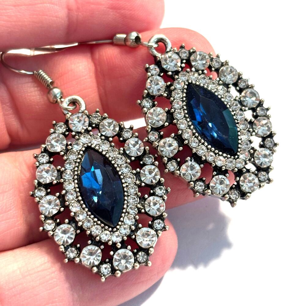 Dressy pierced earrings clear crystals & blue rhinestones silver drop dangles